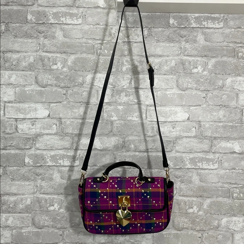 Betsey Johnson Pretty & Punk Plaid Studded Flap Satchel, Pink Multi